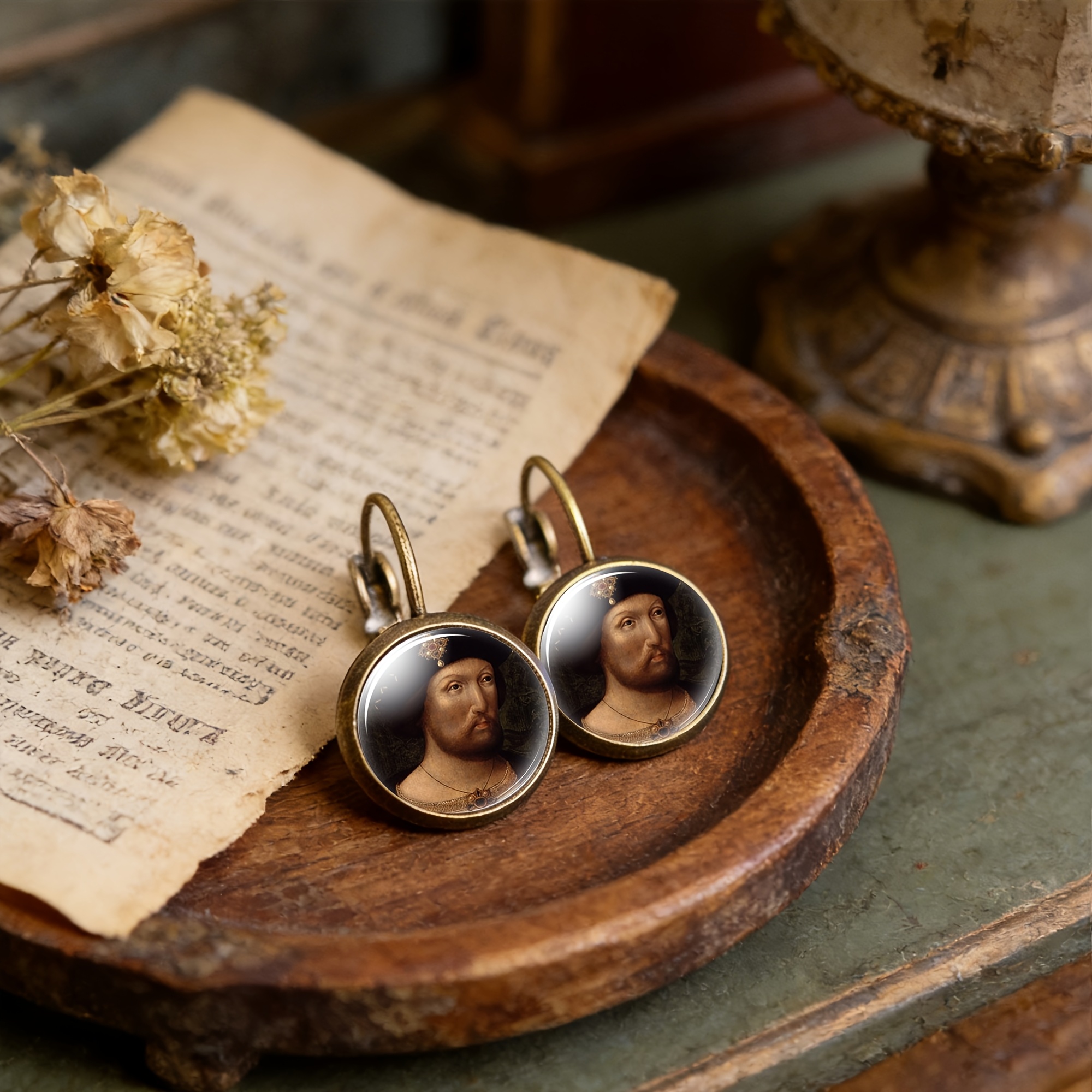 Cyan Round Classical Earrings with Portrait Figure Design
